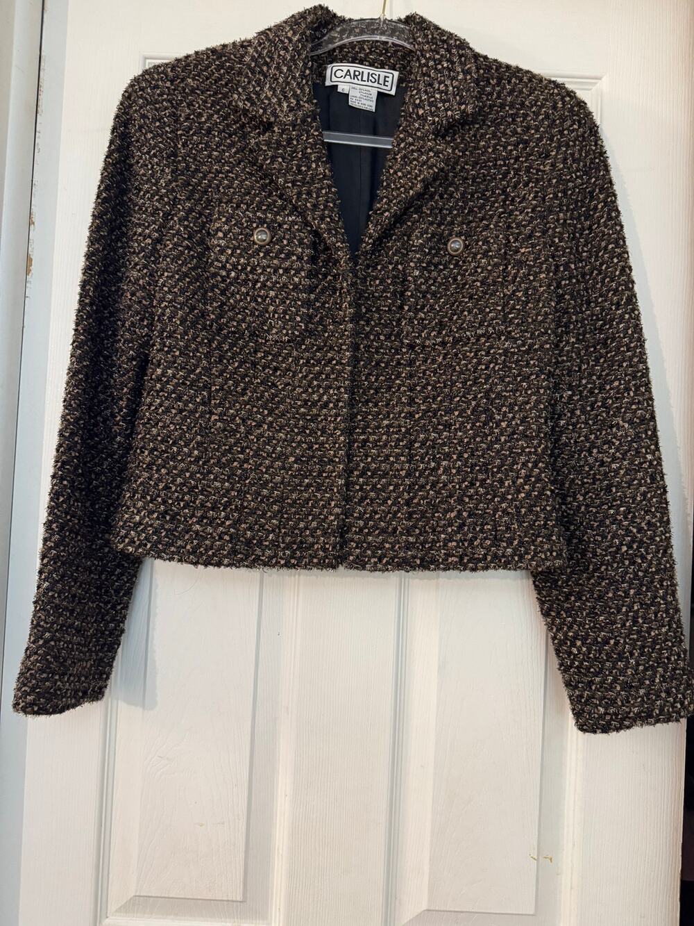 Vintage Carlisle Wool Blend Bouclé Tweed Cropped Blazer Jacket Size 6 Brown